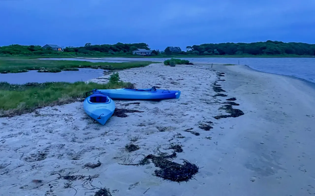 Kayaks lined up in Vineyard Haven harbor on Martha's Vineyard